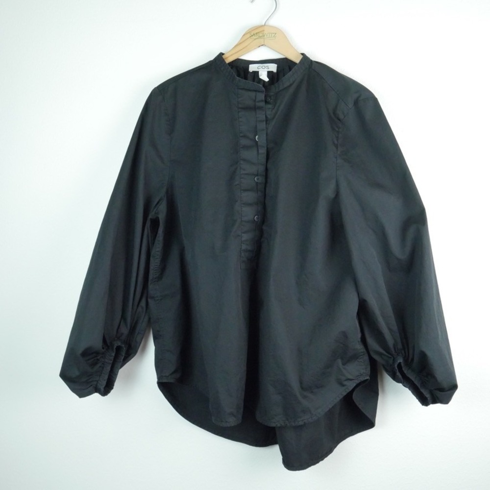 COS Black Cotton Band Collar Henley Puff Sleeve Top 8 Minimalist Capsule Lagom
